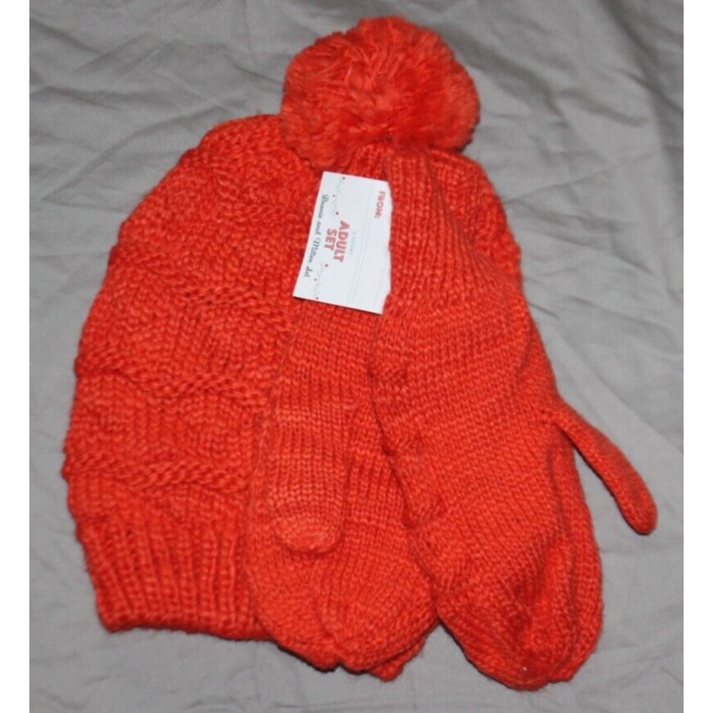 Adult hat beanie and mittens set orange NEW